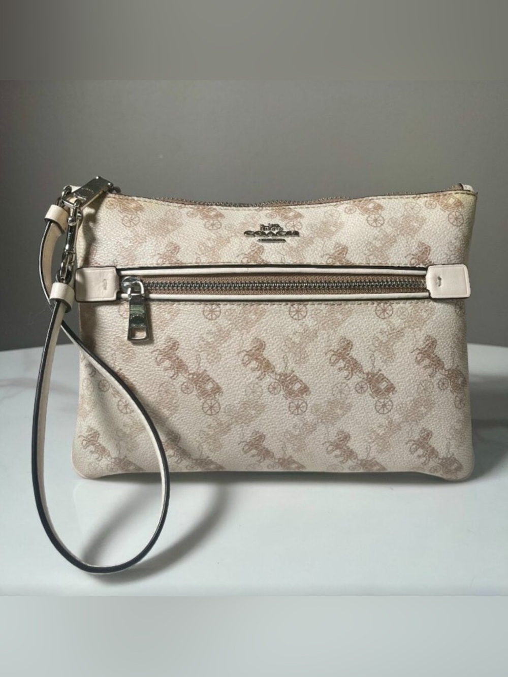 Coach Beige Signature Print Wristlet with Tan Accents